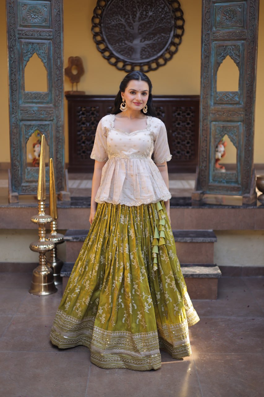 RangBhoomi Designer Dyeable Viscose Jacquard Lehenga Choli Set - Parrot & Wine