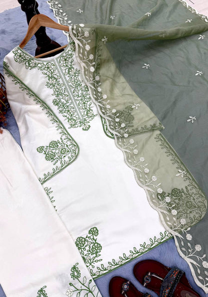 Elegant Party Wear Set Featuring Premium Roman Glass Embroidered Top with Fancy Bell Sleeves and Stylish Palazzo Pants with Dupatta