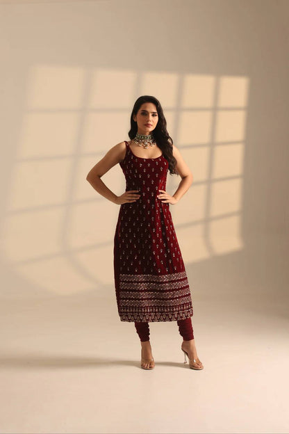 Roman Glass Satin Elegant Women's Suit Set with Golden Zari and Sequins Detailing