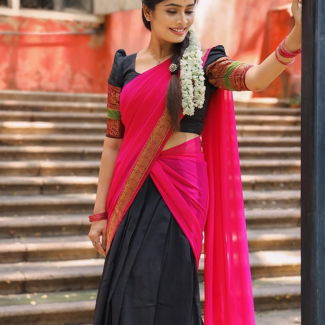 RangBhoomi South Indian Kanjivaram Silk Lehenga Set with Georgette Dupatta and Zari Weaving