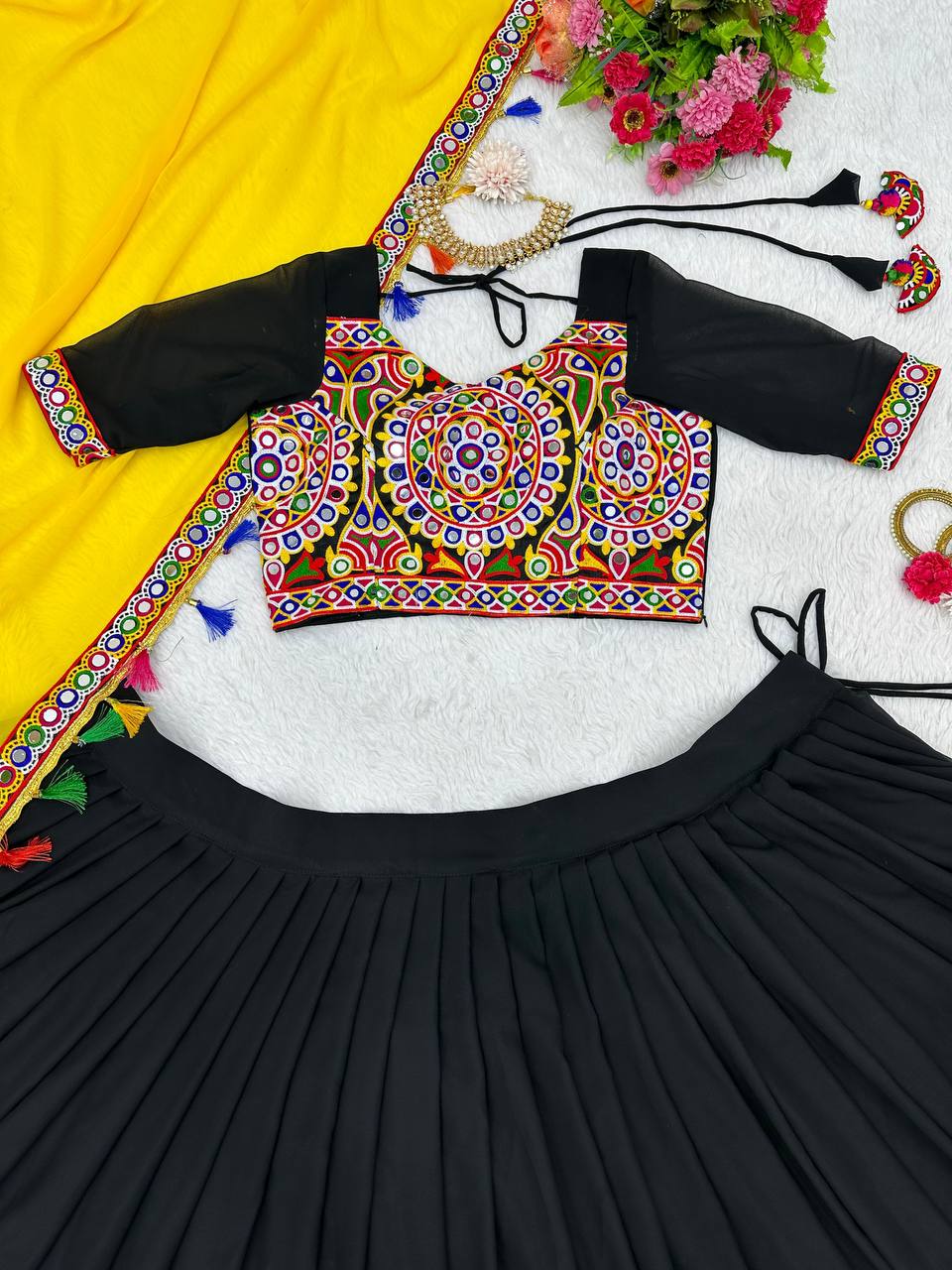 RangBhoomi Elegant Faux Georgette Mirror-Work Lehenga Set for Festive Celebrations