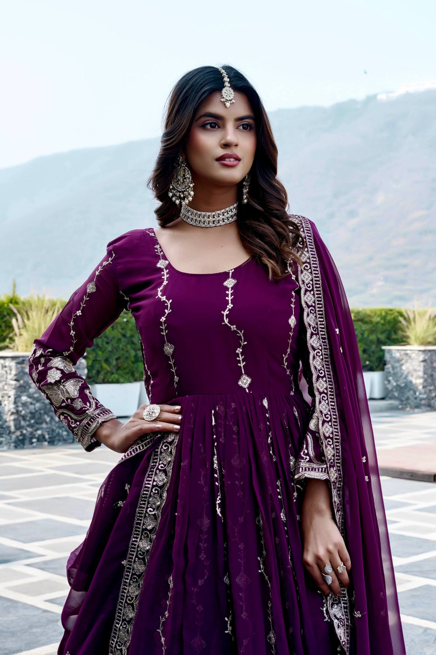 RangBhoomi Festival Long Gown with Matching Dupatta – Elegant Fox Georgette Ensemble with Heavy Sequin Embroidery