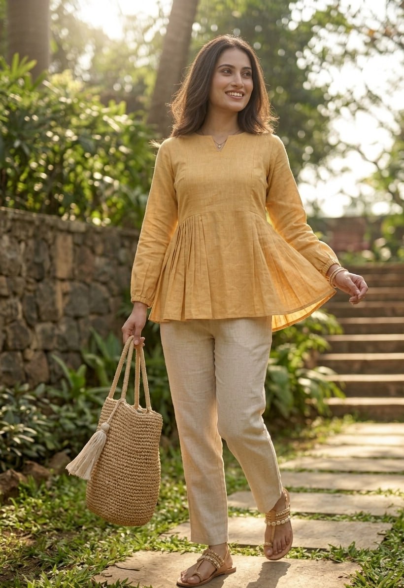 RangBhoomi Elegant Linen Cotton Top and Pant Set – Full-Sleeve Frill Stitch Top with Elastic Waist Pants in Parrot, Peach, and Yellow