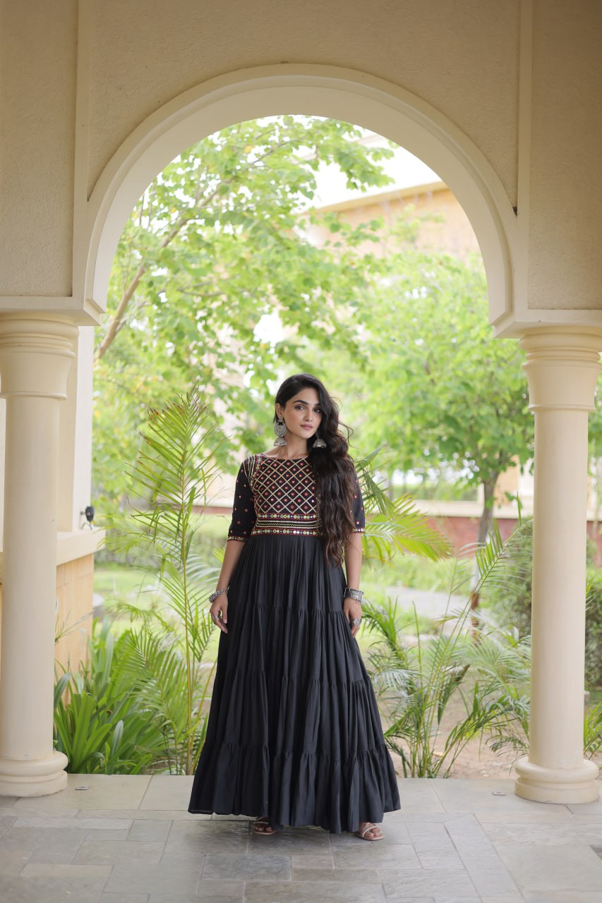RangBhoomi Navratri Embroidered Kora Cotton Gown — Off-White & Black, 56" Length