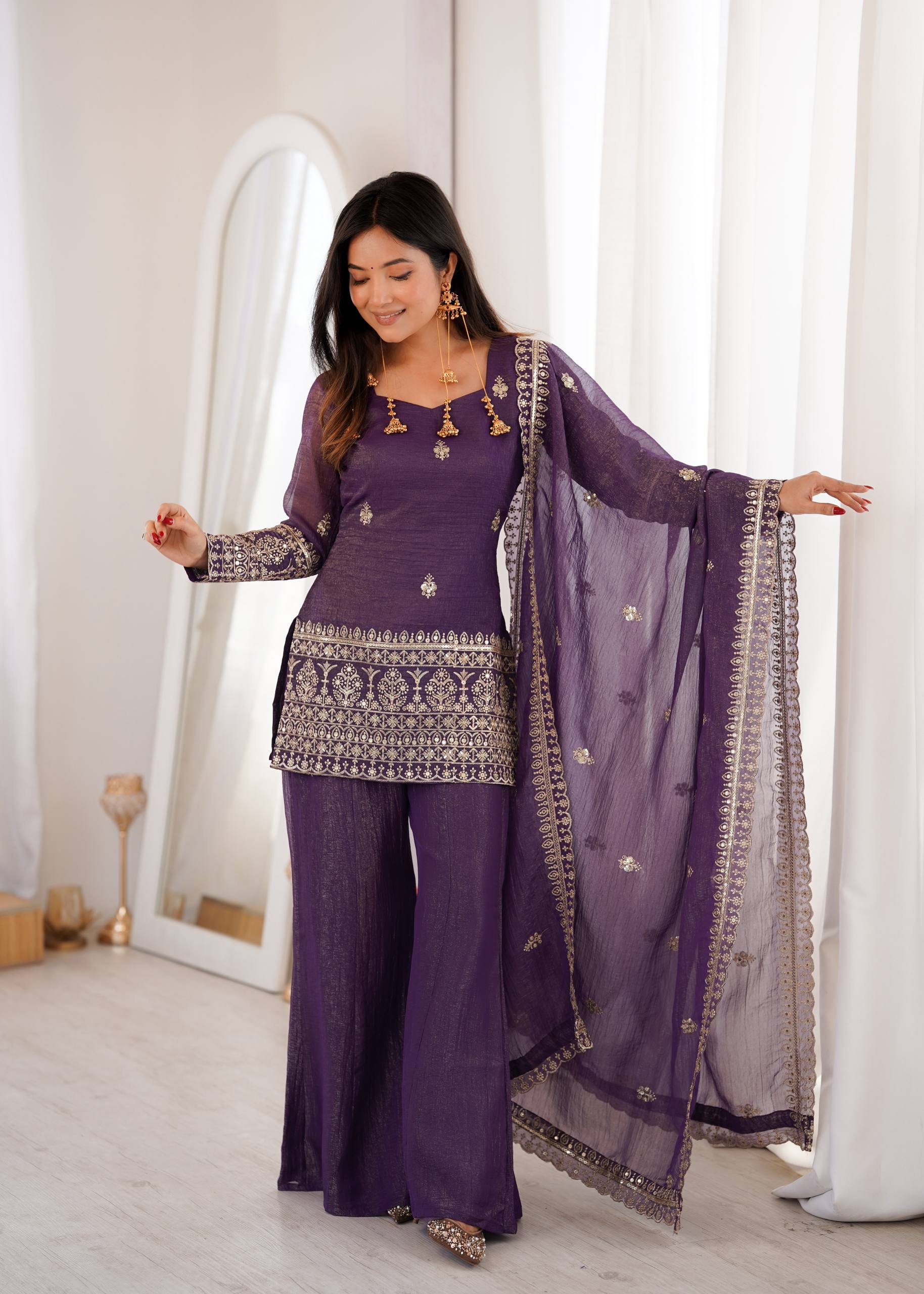 Elegant Ready-to-Wear Crunchy Silk Ensemble with Embroidered Sequences, Jari Detailing, Dupatta, and Bell-Bottom Pants