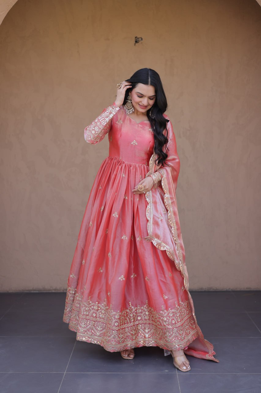 RangBhoomi Fendi Silk Sequined Gown with Dupatta – Elegant Full-Sleeve Designer Set