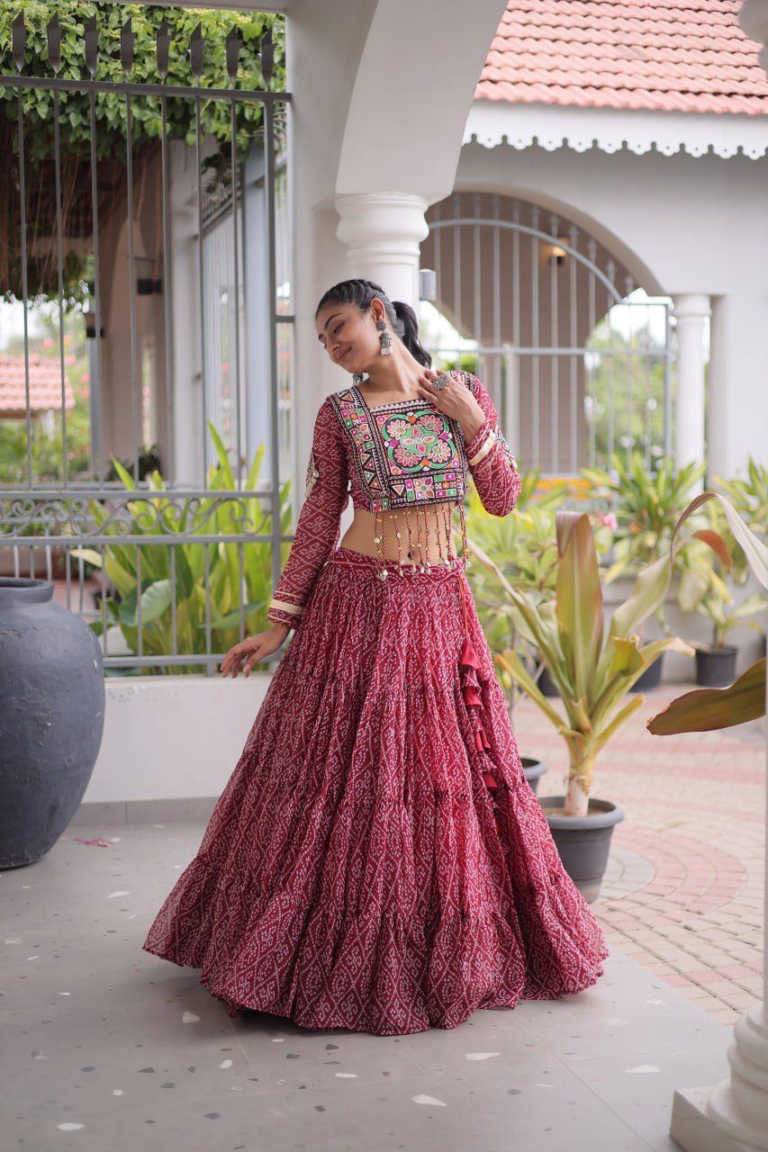 RangBhoomi Bandhni Faux Georgette Full-Stitched Lehenga Set with Designer Square Neck Blouse