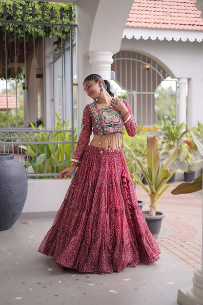 RangBhoomi Bandhni Faux Georgette Full-Stitched Lehenga Set with Designer Square Neck Blouse