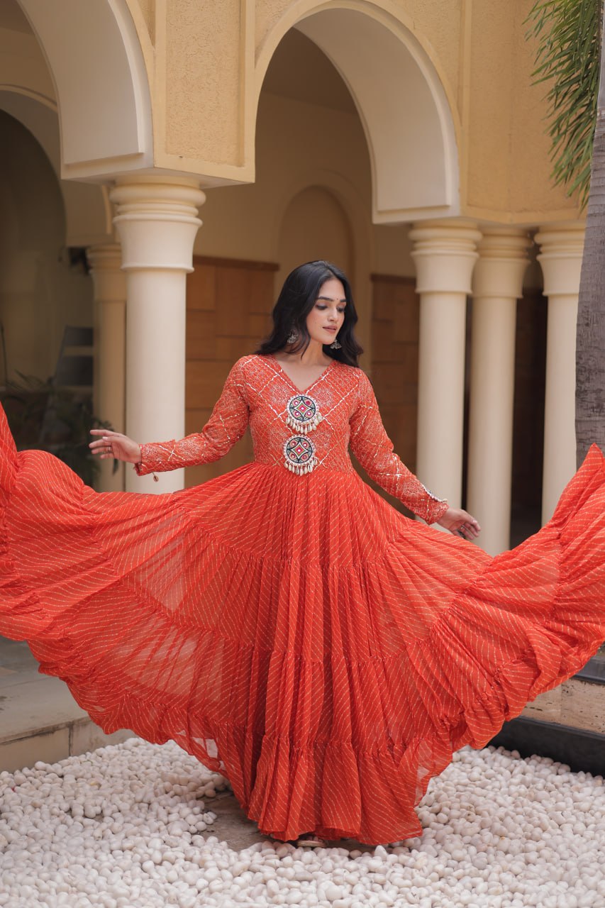 RangBhoomi Navratri Gown 2026 – Laheriya Print with Kutchi Patchwork, Faux Georgette Lined Cotton, Full Sleeve, 56 Inch Length