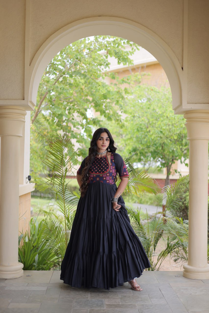 RangBhoomi Navratri Embroidered Kora Cotton Gown — 54" Festive Flair