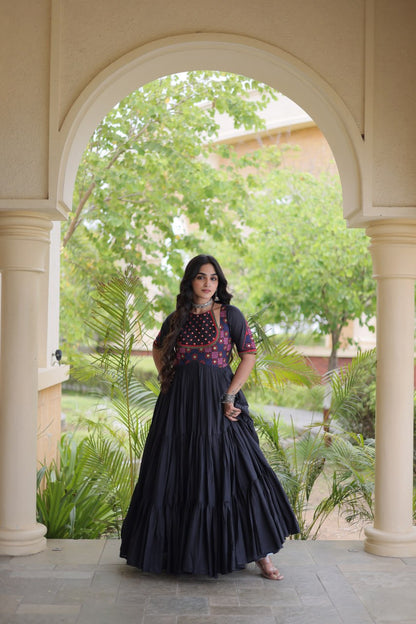 RangBhoomi Navratri Embroidered Kora Cotton Gown — 54" Festive Flair