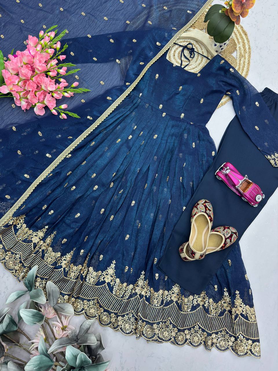 RangBhoomi Designer Embroidered Heavy Crunchy Silk Gown Set with Dupatta & Pants