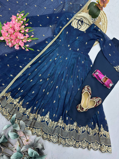 RangBhoomi Designer Embroidered Heavy Crunchy Silk Gown Set with Dupatta & Pants