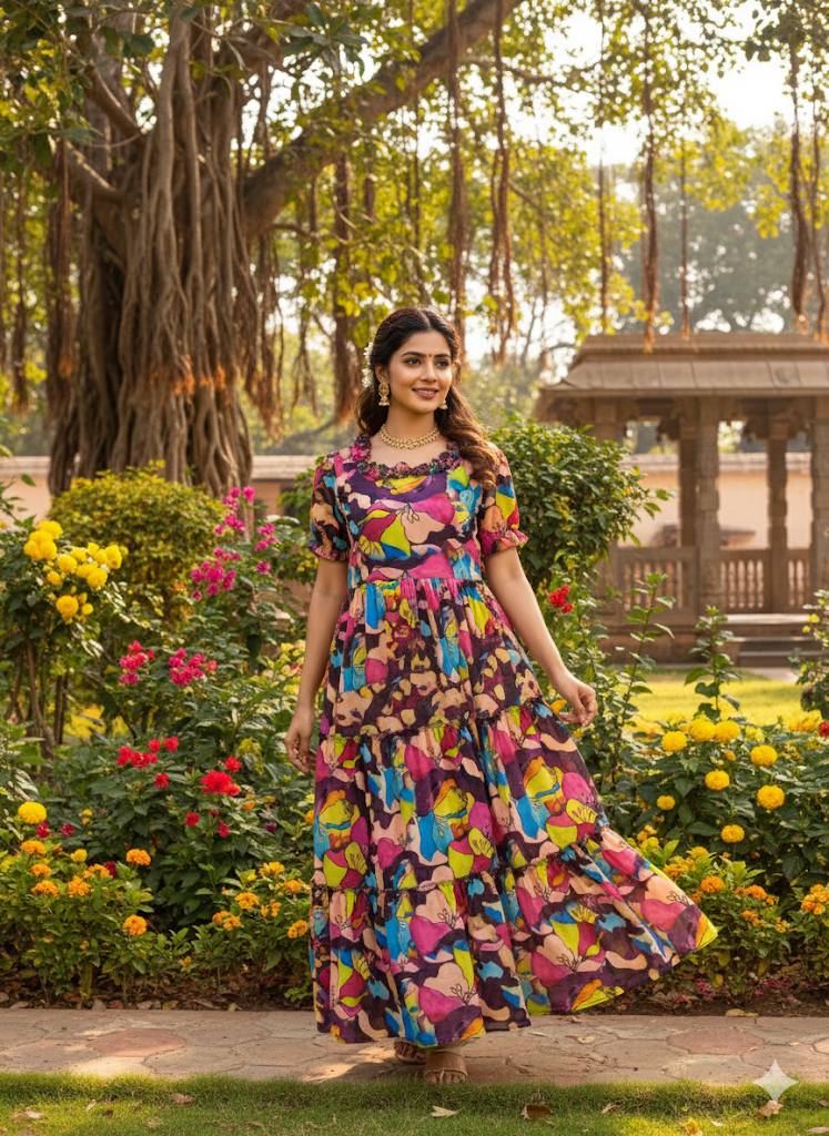 Woman in vibrant floral maxi dress in outdoor setting