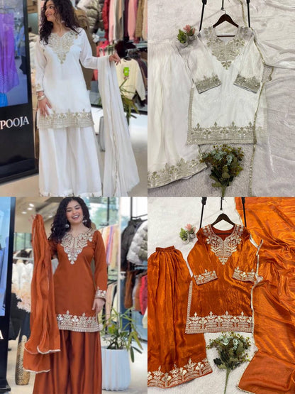 Elegant and Comfortable Wedding Season Suit Set with Sequined Embroidered Top, Palazzo Pants, and Lace-Trimmed Dupatta by RangBhoomi