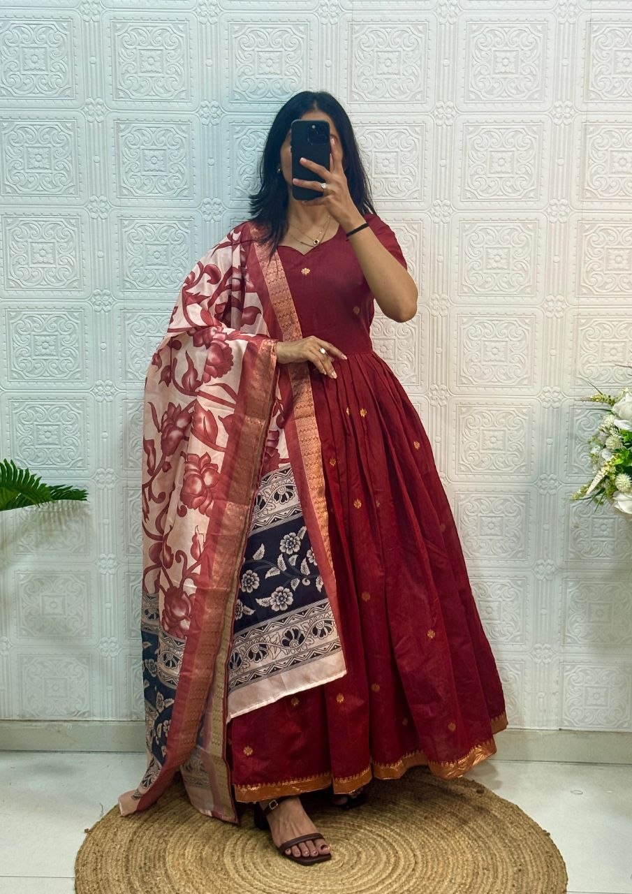 RangBhoomi Jacquard Zari Gown with Soft Silk Dupatta — 3 Colors, Sizes S–XXXL