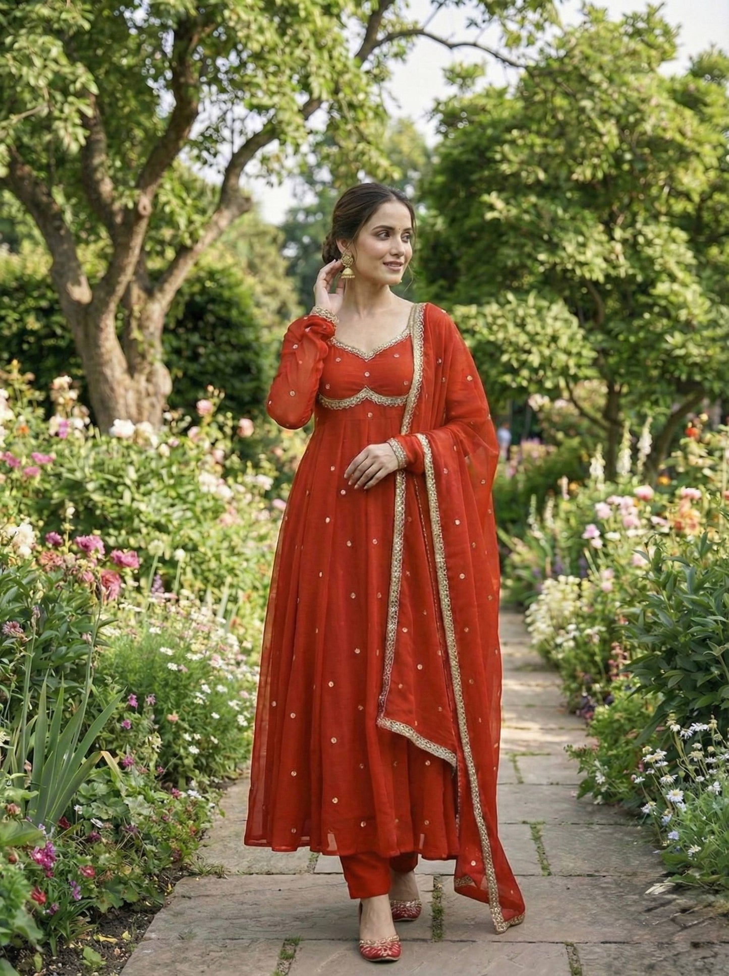 Elegant Party Wear Fendi Satin Gown Set with Dupatta and Pants Featuring 3MM Rembo Sequin and Zari Embroidery