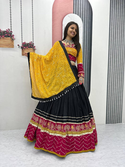 RangBhoomi Navratri Special Pure Cotton Embroidered Lehenga Choli with 6m Flair and Heavy Dupatta