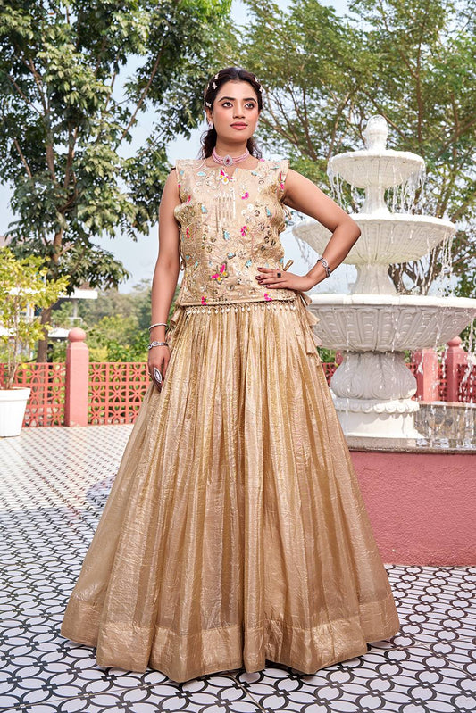 RangBhoomi Exquisite Wedding Lehenga Choli Set in Pure Gold Crush Fabric with Heavy Embroidery and Thread Work