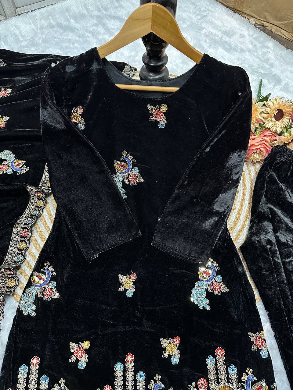 Elegant Embroidered Velvet Party Wear Dress
