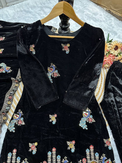 Elegant Embroidered Velvet Party Wear Dress