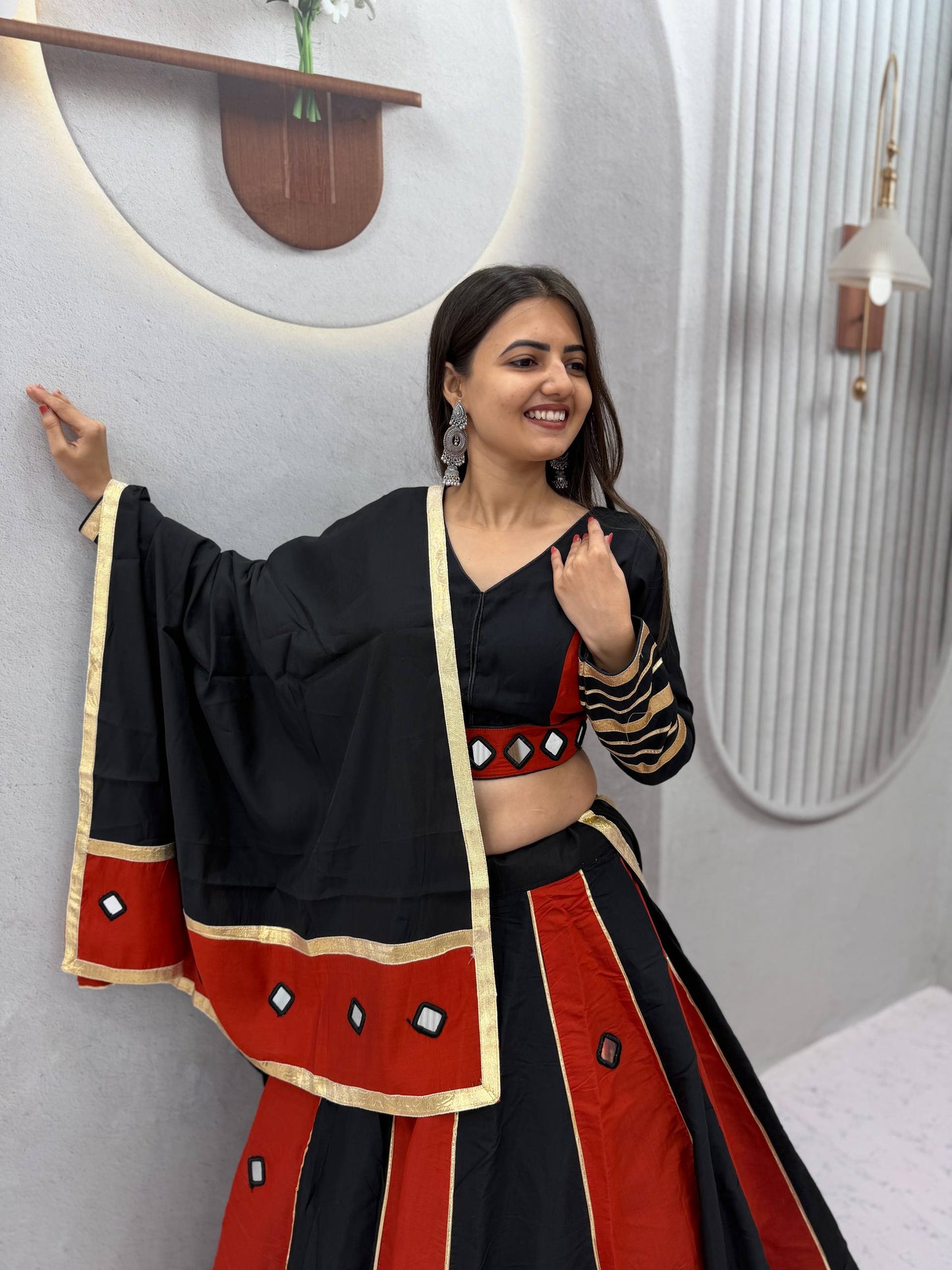 RangBhoomi Navratri Mirror-Work Roman Silk Lehenga Choli - 6+ Meter Flair