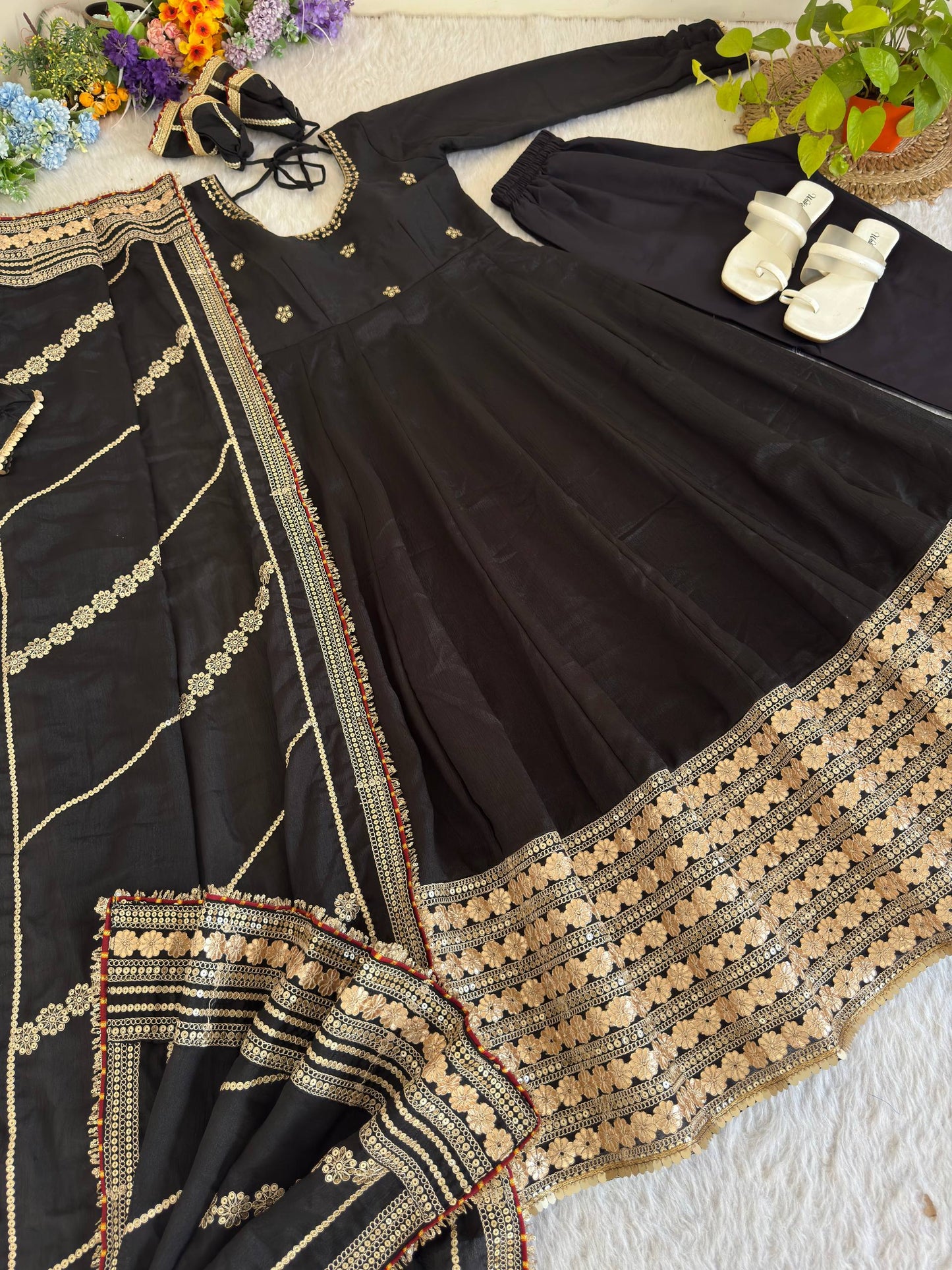 RangBhoomi Premium Chinon Silk Anarkali Gown Set with Heavy Embroidery, 3mm Sequin Sleeve Lace, Crepe Pants, and Sequined Lace Dupatta