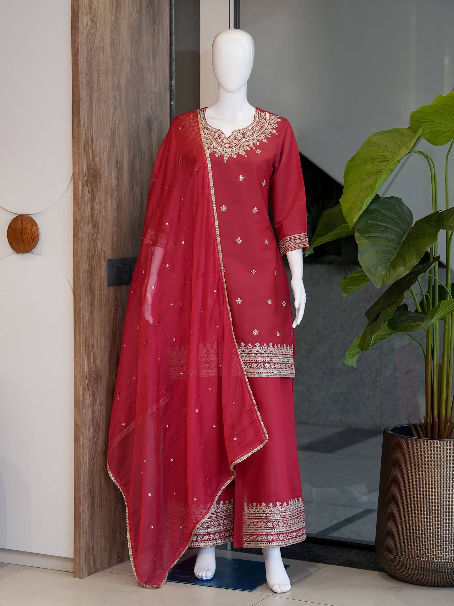 RangBhoomi Designer Festival Special Collection - Elegant Roman Silk Embroidered Ensemble with Palazzo and Decorative Dupatta