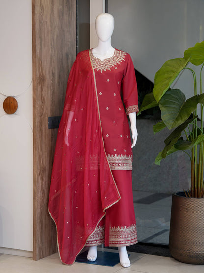 RangBhoomi Designer Festival Special Collection - Elegant Roman Silk Embroidered Ensemble with Palazzo and Decorative Dupatta