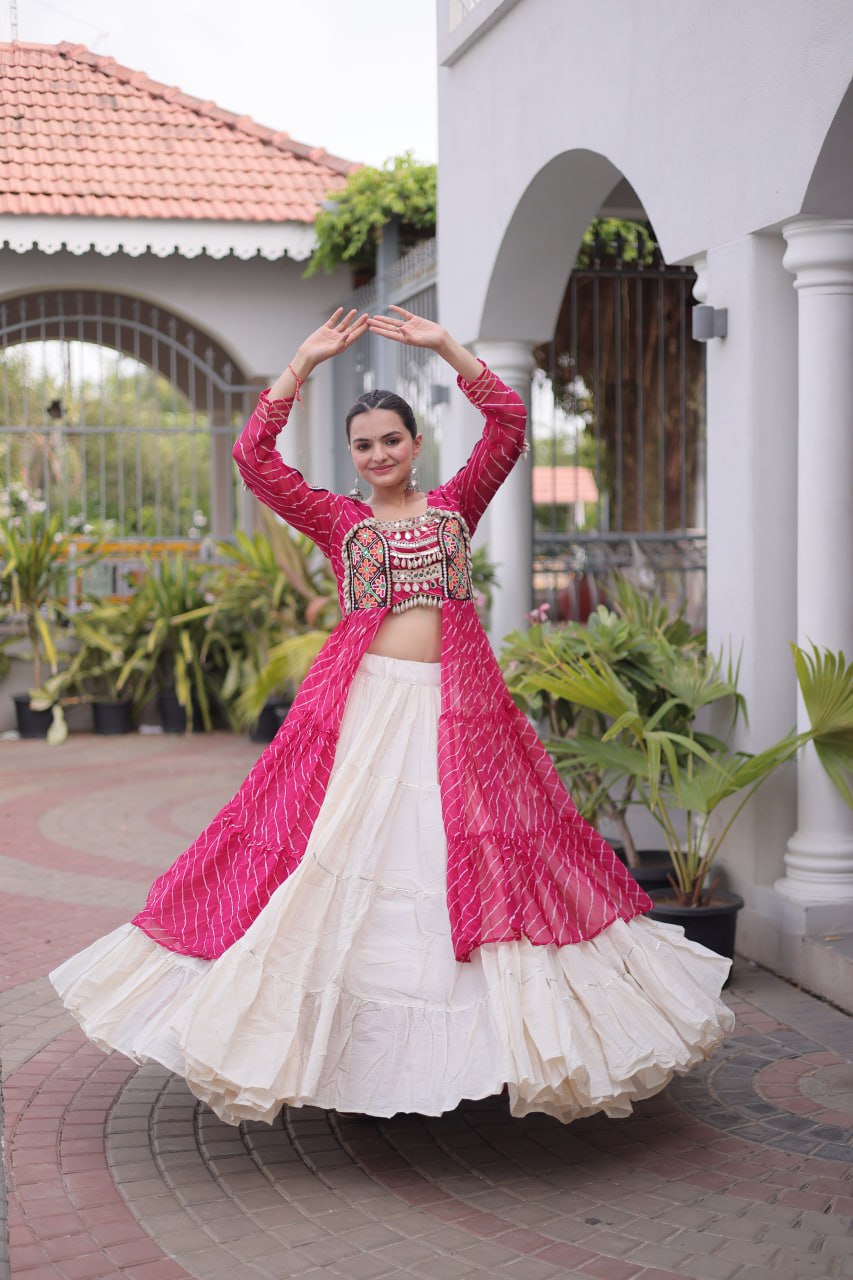 RangBhoomi Kora Cotton Lehenga & Faux Georgette Kurti Set - Full-Stitched, Frilled Lehenga, Laheriya Print Kurti