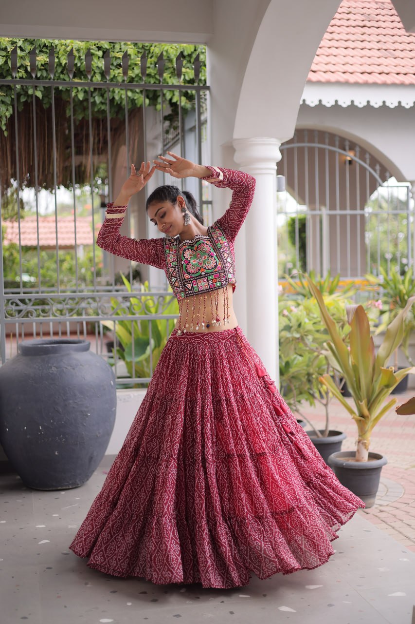 RangBhoomi Bandhni Faux Georgette Full-Stitched Lehenga Set with Designer Square Neck Blouse