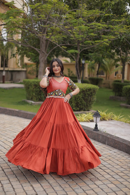 RangBhoomi Navratri Gown 2026 — Rust & Black Embroidered Multi-Tiered Festive Gown