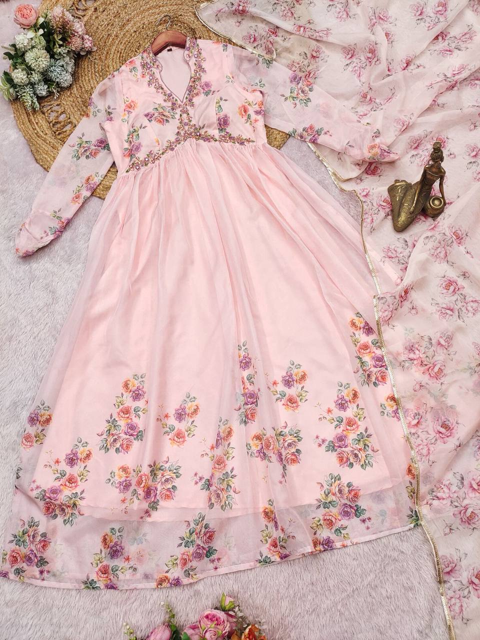 Baby Pink Tebby Silk Heavy Gown with Digital Print and Dupatta