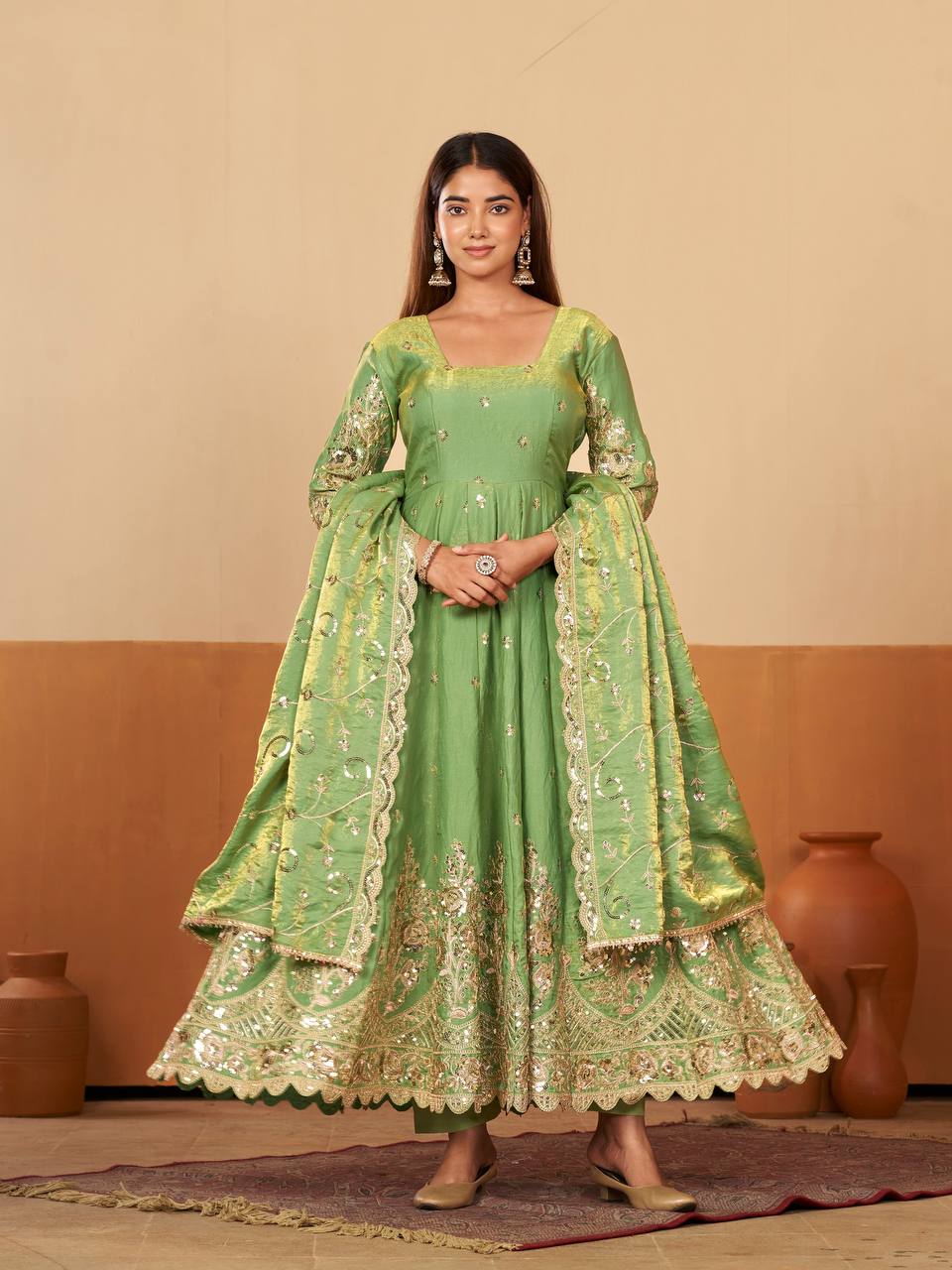 RangBhoomi Designer Party Wear Gown Set — 10 Colors, Heavy Jelly Shimmer Silk, Fully Stitched Embroidered Gown with Dupatta & Micro-Cotton Pant