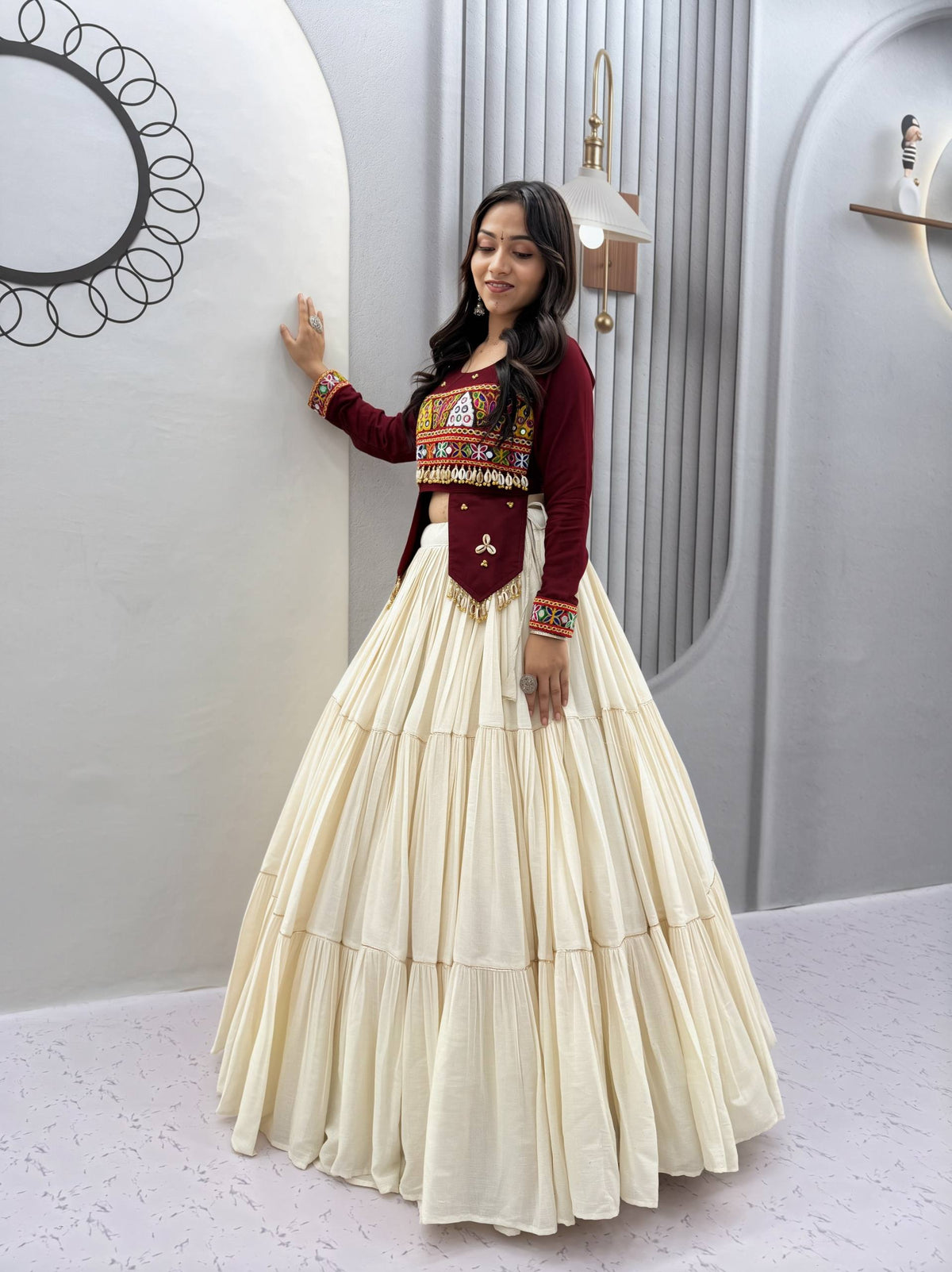 RangBhoomi Navratri Hand-Work 9m Flair Lehenga Choli - Pure Cotton Top & Kora Cotton Skirt