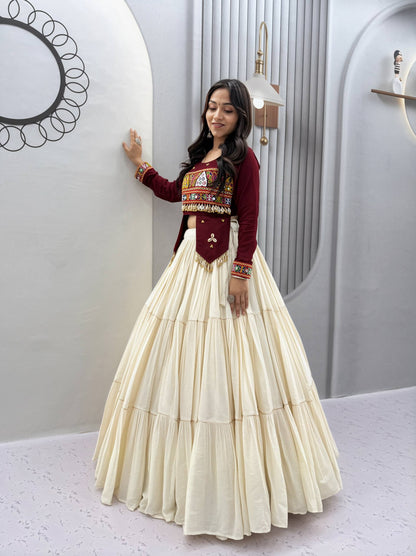 RangBhoomi Navratri Hand-Work 9m Flair Lehenga Choli - Pure Cotton Top & Kora Cotton Skirt