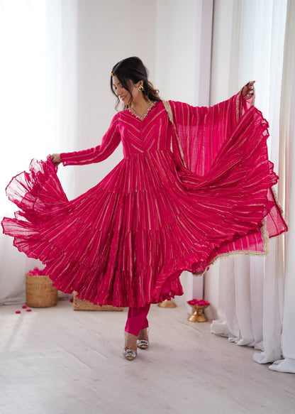 RangBhoomi Women’s Ethnic Ruffle Gown with Mirror Work and Matching Dupatta