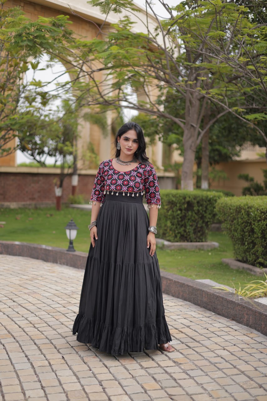 RangBhoomi Navratri Embroidered Kora Cotton Gown — 54" Length, Half Sleeve (Maroon / Black)