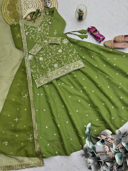 Exclusive Designer Party Wear Collection - Elegant Full-Stitched Shimmer Silk Lehenga Ensemble