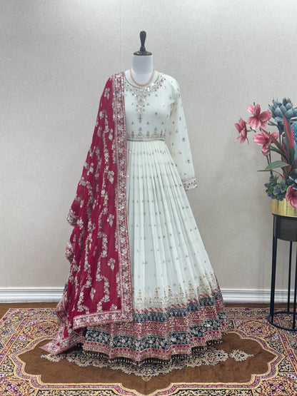 Elegant Party Wear Heavy Faux Georgette Gown with Embroidered Dupatta and Bottom Set