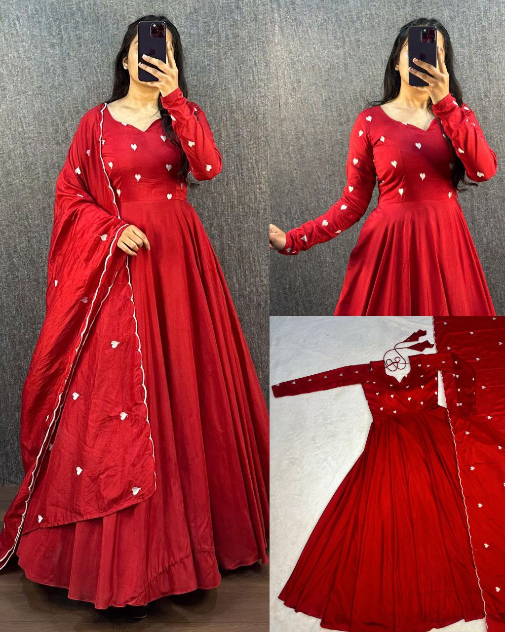Collage of the red Ajrak Heart Gown, different angles and full set.