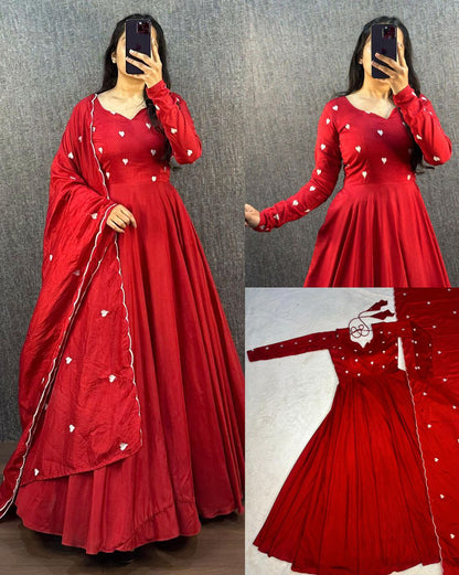 Collage of the red Ajrak Heart Gown, different angles and full set.