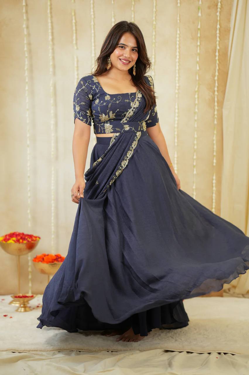 Twilight Blue RangBhoomi Crush Silk Lehenga Set