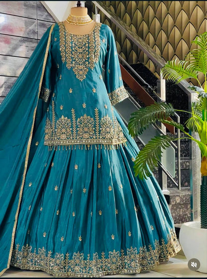 RangBhoomi Cinon Silk Embroidered Top, Lehenga & Dupatta Set - Elegant Festive Ensemble
