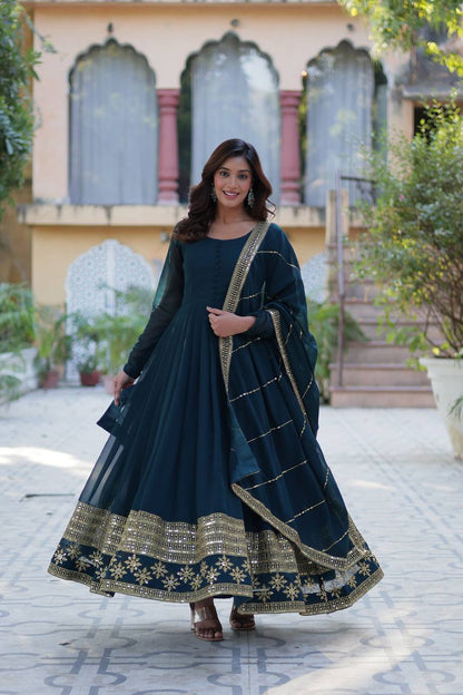 Embroidered Faux Blooming Gown with Dupatta
