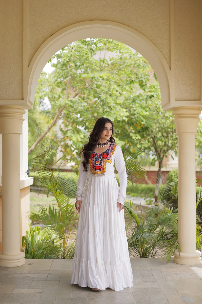 RangBhoomi Navratri Gown Collection 2026 — Wine, Rama & White Embroidered Mirror Work Gown