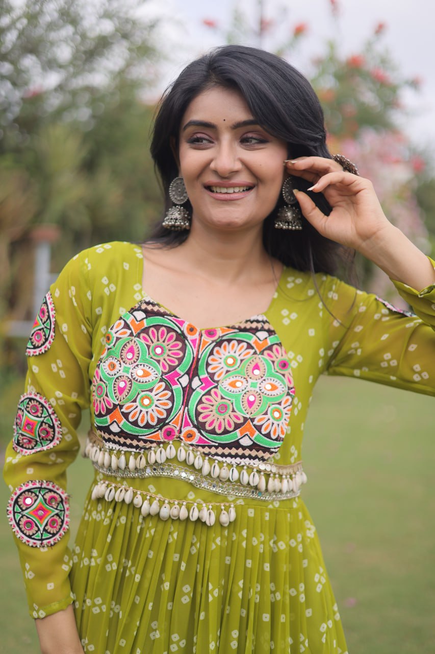 RangBhoomi Bandhani & Kutchi Patchwork Faux Georgette Gown — Full Sleeve, 12m Flair, Cotton Lining