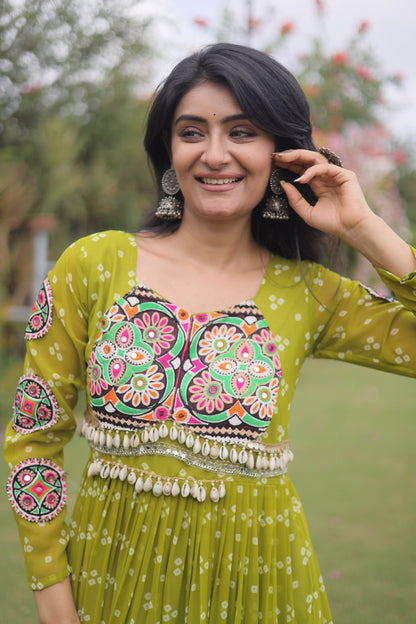 RangBhoomi Bandhani & Kutchi Patchwork Faux Georgette Gown — Full Sleeve, 12m Flair, Cotton Lining