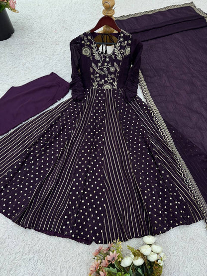 Festive Ready-to-Wear Fully Stitched Anarkali Gown Set with Embroidered Sequins and Lace-Trimmed Dupatta