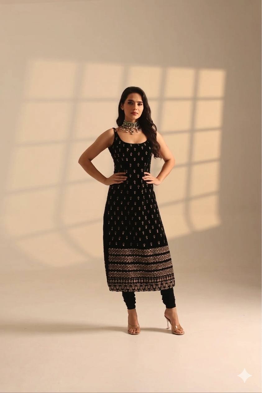 Roman Glass Satin Elegant Women's Suit Set with Golden Zari and Sequins Detailing